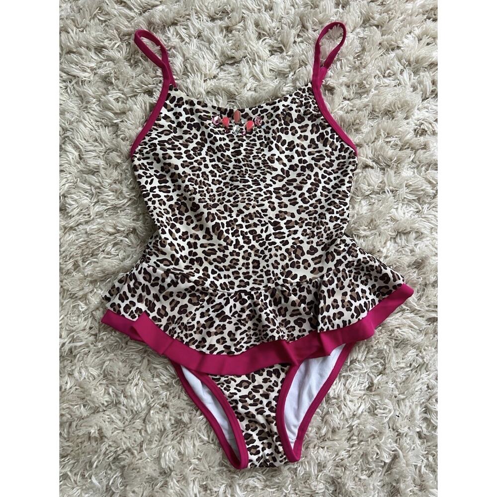 MONNALISA Girls Leopard Print Swimsuit Pink Ruffle Peplum One Piece Gems Size 8